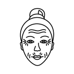 A black and white line drawing of a face with a headband and hair in a bun, showing wrinkles on the forehead, around the eyes, and mouth—effectively illustrating visible signs of aging often addressed in anti-aging wellness practices at the Institute For Ageless Living.