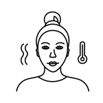Line drawing of a woman with hair in a bun, accompanied by a thermometer icon and wavy heat lines next to her face, indicating a possible fever—a subtle reminder of the importance of wellness as promoted by the Institute For Ageless Living.