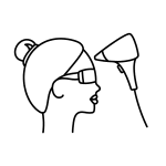 Line drawing of a woman with hair in a bun wearing protective glasses, facing a handheld device—possibly an anti-aging or infrared treatment tool—directed at her face, as seen in settings like the Institute For Ageless Living, promoting wellness and rejuvenation.