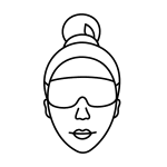 A simple black line drawing of a woman's face with her hair in a bun and wearing large, futuristic wraparound sunglasses, embodying the spirit of wellness and the innovative approach of the Institute For Ageless Living.