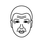 A simple black and white line drawing of a person's face with short hair, pronounced wrinkles on the forehead and around the eyes, and a small mustache—representing timeless character often celebrated by the Institute For Ageless Living in its wellness and anti-aging initiatives.