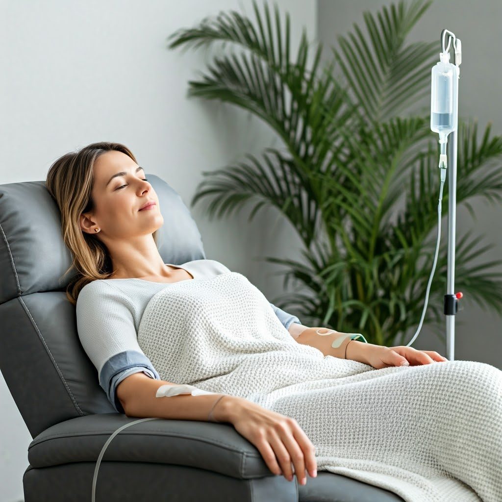 A woman relaxes in a recliner with her eyes closed, receiving IV therapy at the Institute For Ageless Living. She is covered with a white blanket, embodying wellness and tranquility, while a green plant adds to the rejuvenating, anti-aging atmosphere in the background.