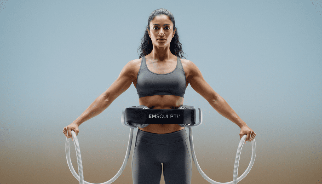 A woman in athletic wear stands upright, wearing an EMSculpt belt around her waist and holding cables attached to the device, demonstrating a cutting-edge anti-aging approach. The background is plain with a gradient from blue to beige, evoking the serene atmosphere of the Institute For Ageless Living, where wellness and rejuvenation take center stage.