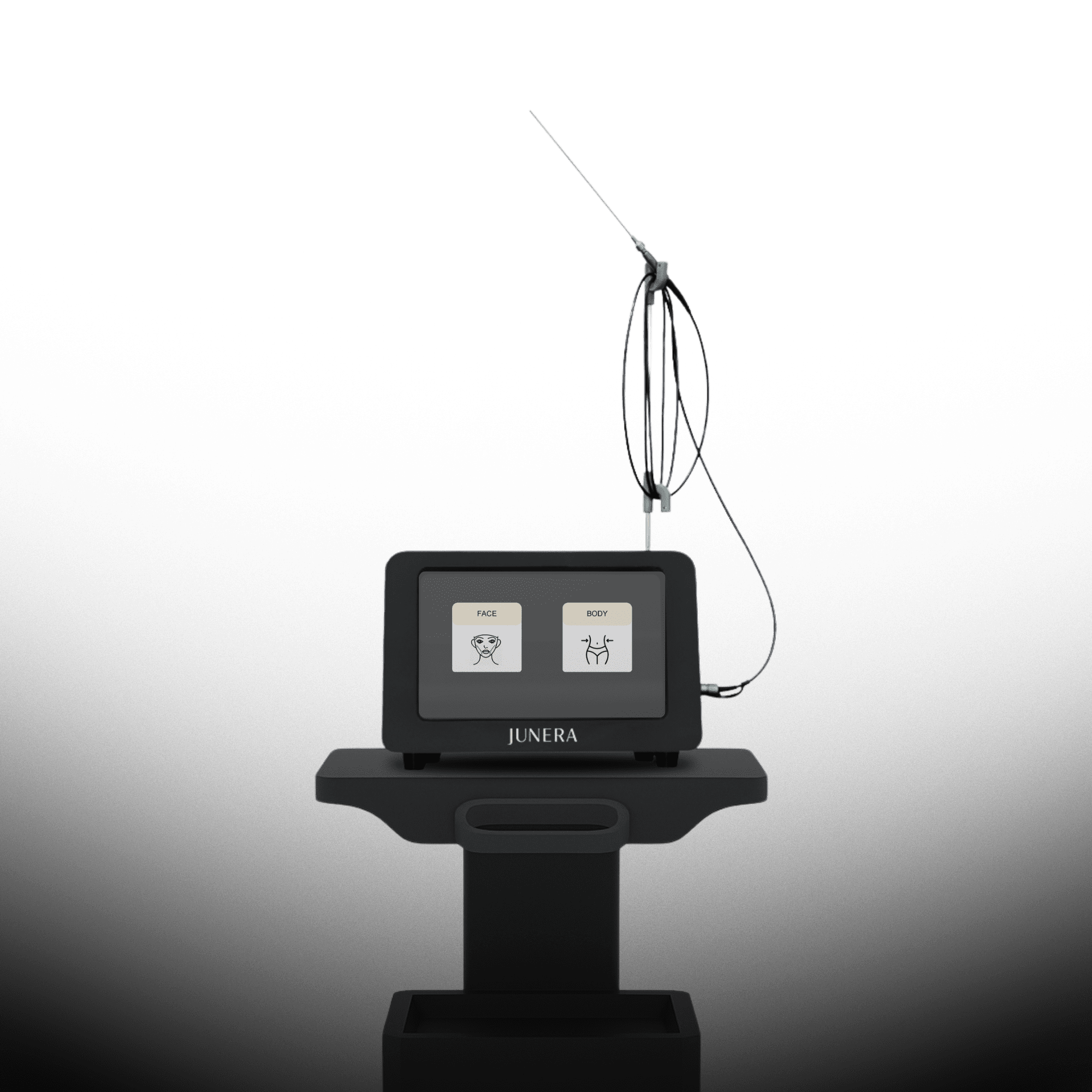 A black touchscreen device labeled JUNERA displays FACE and BODY options, with a thin antenna extending upward. The background is a gradient from white to black, evoking a sense of modern wellness technology inspired by the Institute For Ageless Living's commitment to anti-aging solutions.