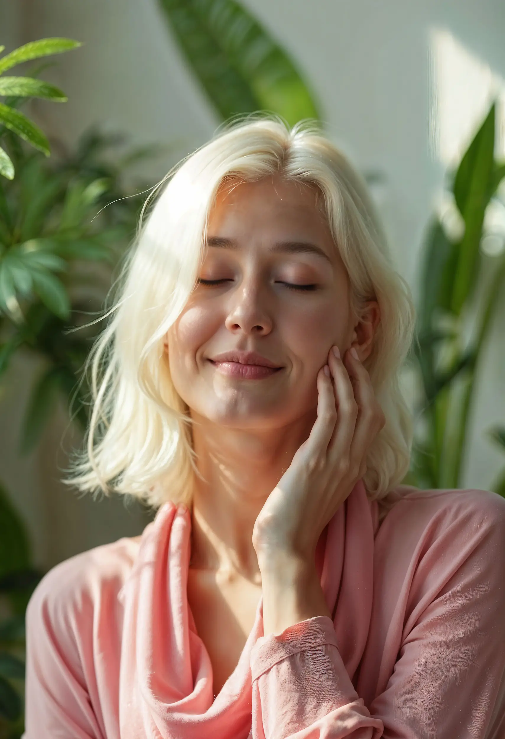 A woman with short blonde hair and a pink top smiles gently with her eyes closed, touching her cheek with one hand, surrounded by green indoor plants and soft natural light—a serene moment that embodies wellness and the spirit of the Institute For Ageless Living.