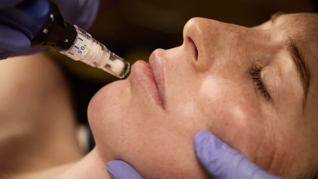 A person receives a microneedling facial treatment on their chin, performed by gloved hands using a specialized device at the Institute For Ageless Living—an innovative experience that promotes wellness and supports anti-aging benefits.