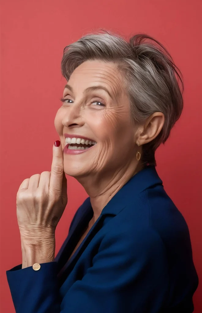 Smiling older woman with short gray hair wearing a blue blazer, holding her index finger to her cheek, posing against a solid red background.